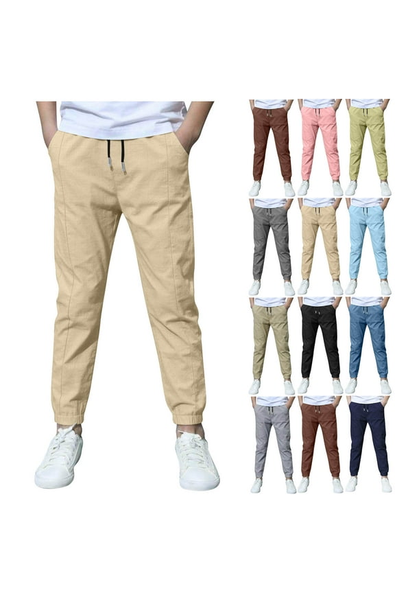 Boy's Linen Joggers Pants Elastic Waist Lounge Pants Solid Cinch Bottom Sweatpants Loose Fit Pull On Pants with Pocket