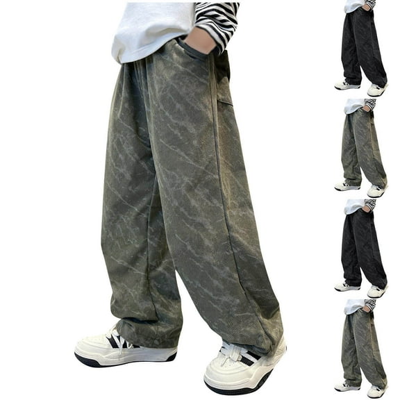 MKOSPLRT Boy's Pants with Pocket High Waist Straight Leg Pants Vintage Graphic Wide Leg Pants Baggy Casual Trousers with Pocket for 4-13Y