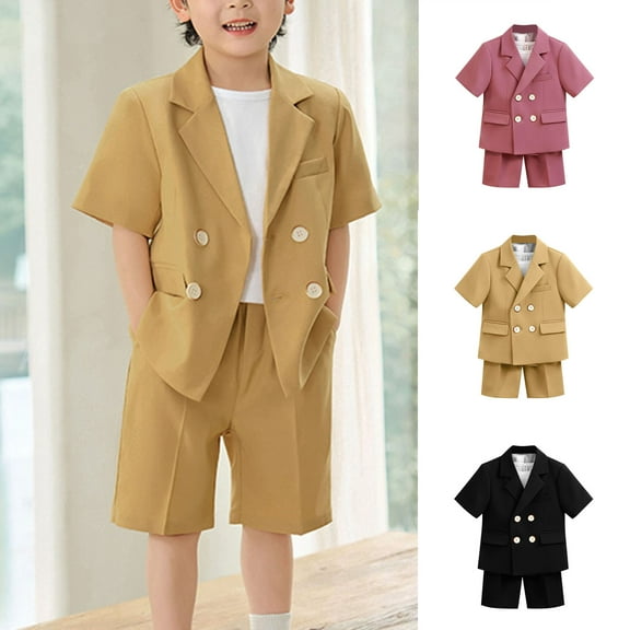 MKOSPLRT Boys 2 Piece Outfits Button Front Long Sleeve Blazer and Short Pants Suit Sets Casual Dressy Solid Blazers Suit Jackets 2-12Y