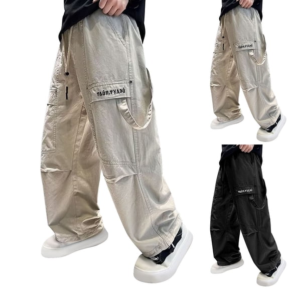 MKOSPLRT Boys Baggy Cargo Joggers with Pocket 5-16Y Elastic Waist Baggy Wide Leg Pants Solid Casual Outdoor Trousers