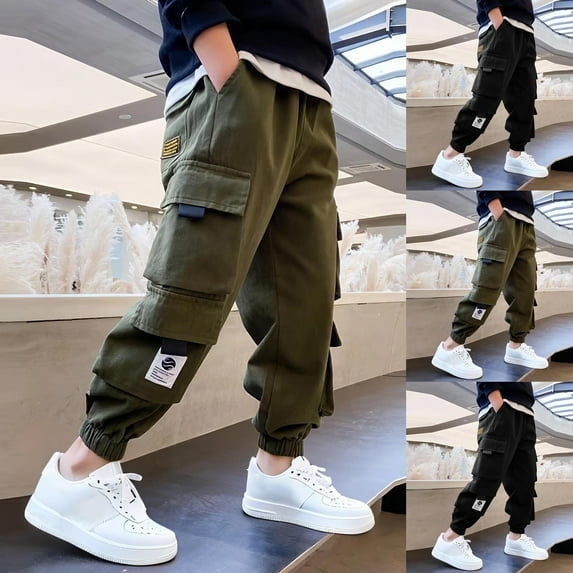 MKOSPLRT Boys Cargo Joggers Pants Elastic Waist Casual Jogging Trousers Cinch Bottom for Kids Solid Athletic Pants with Pocket
