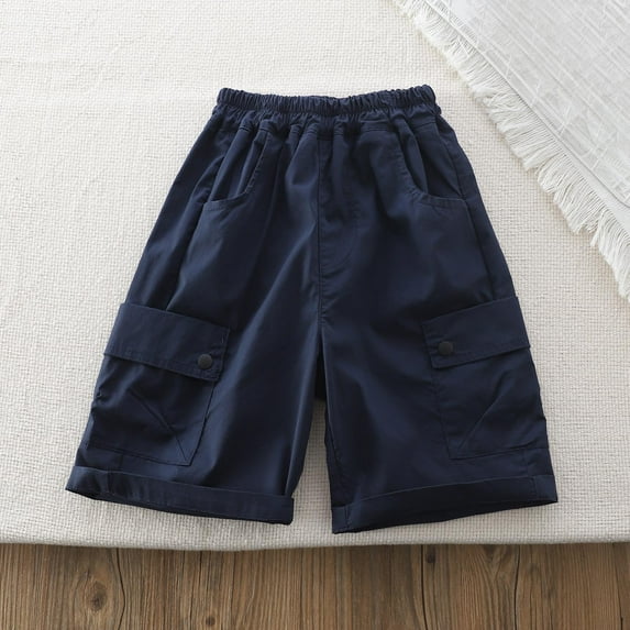MKOSPLRT Boys Cargo Shorts with Pokcet 4-14 Years Elastic Waist Lounge Shorts Solid Color Rolled Shorts Trendy Streetwear Shorts