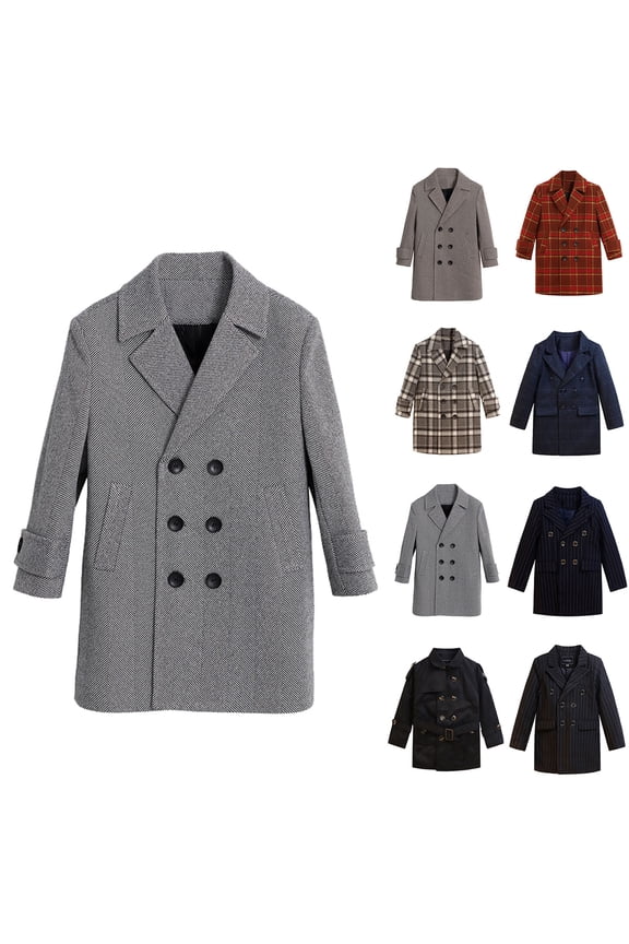 Boys Coat Elegant Notched Collar Double Breasted Wool Blend Over Pea Coat Vintage Plaid Trench Coat Outwear with Pocket 1-12Y