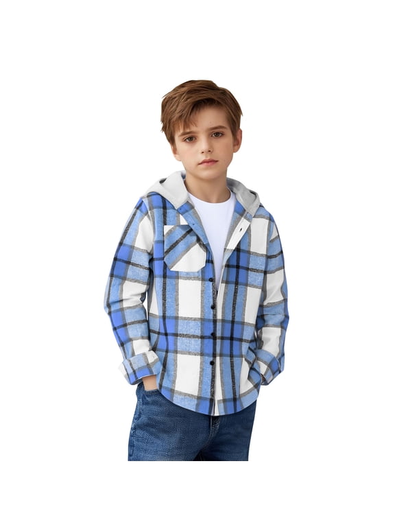 Boys Girls Casual Flannel Plaid Hoodies Spring Fashion Button Down Shirts Long Sleeve Cute Lightweight Jacket Coats 3-13Y