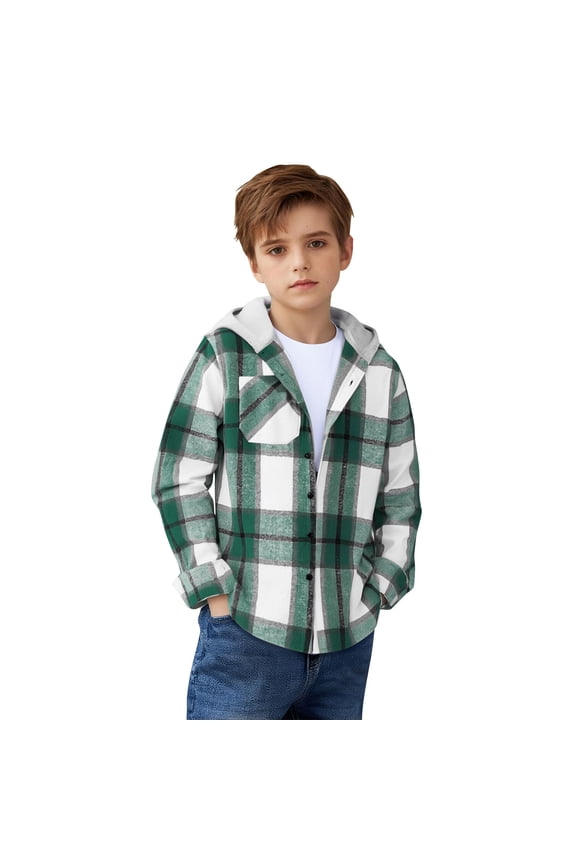 Boys Girls Casual Flannel Plaid Hoodies Spring Fashion Button Down Shirts Long Sleeve Cute Lightweight Jacket Coats 3-13Y