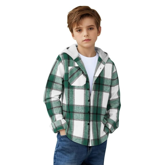 MKOSPLRT Boys Girls Casual Flannel Plaid Hoodies Spring Fashion Button Down Shirts Long Sleeve Cute Lightweight Jacket Coats 3-13Y