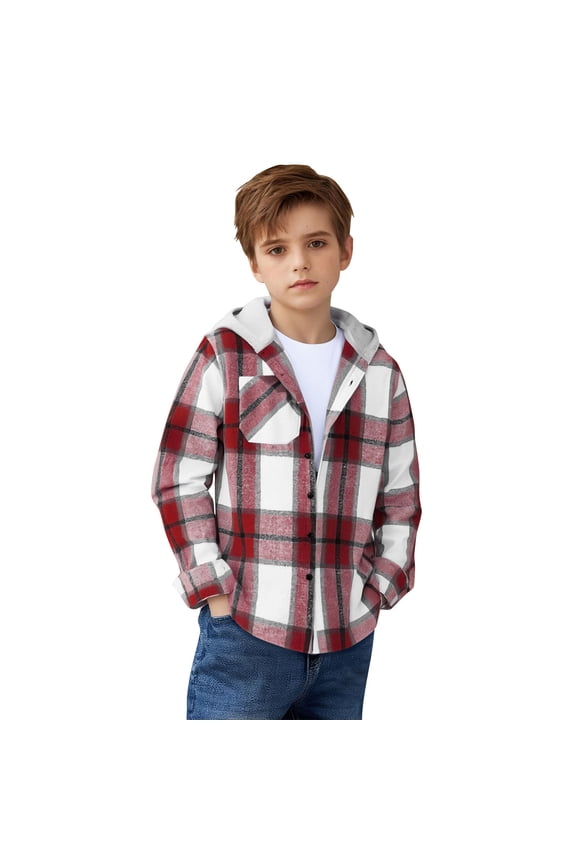 Boys Girls Casual Flannel Plaid Hoodies Spring Fashion Button Down Shirts Long Sleeve Cute Lightweight Jacket Coats 3-13Y