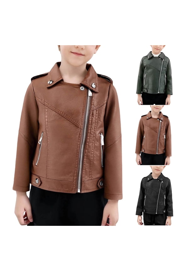 Boys Girls Collar PU Faux Leather Moto Jacket Oblique Zipper Retro Motorcycle Coats Fashion Biker Jacket with Pocket 3-14Y