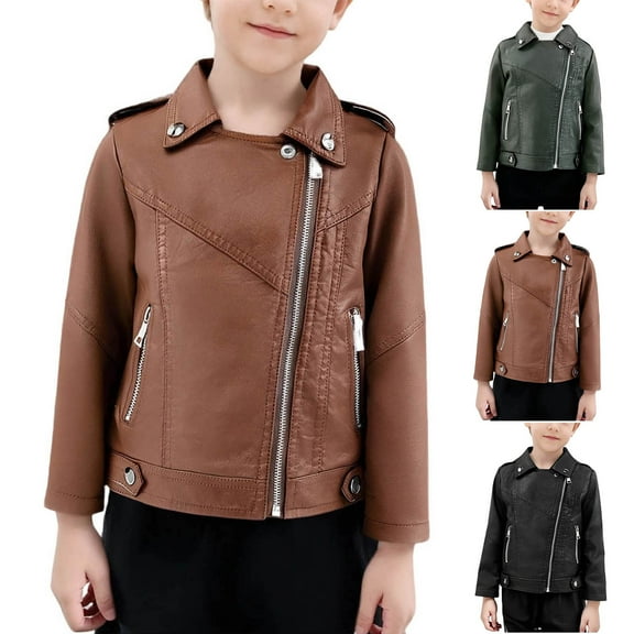 MKOSPLRT Boys Girls Collar PU Faux Leather Moto Jacket Oblique Zipper Retro Motorcycle Coats Fashion Biker Jacket with Pocket 3-14Y