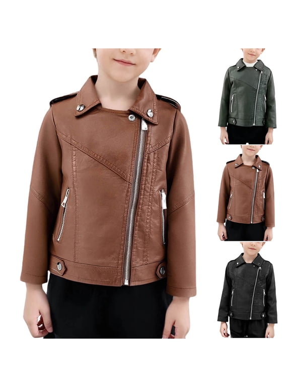 Boys Girls Collar PU Faux Leather Moto Jacket Oblique Zipper Retro Motorcycle Coats Fashion Biker Jacket with Pocket 3-14Y