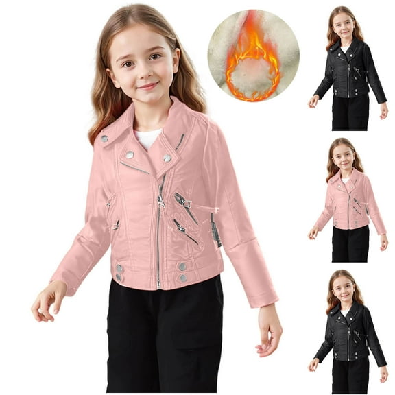 MKOSPLRT Boys Girls Faux Leather Jacket 2-14Y Oblique Zipper Notch Collar Motorcycle Coats Fleece Lined Warm Moto Jacket with Pocket