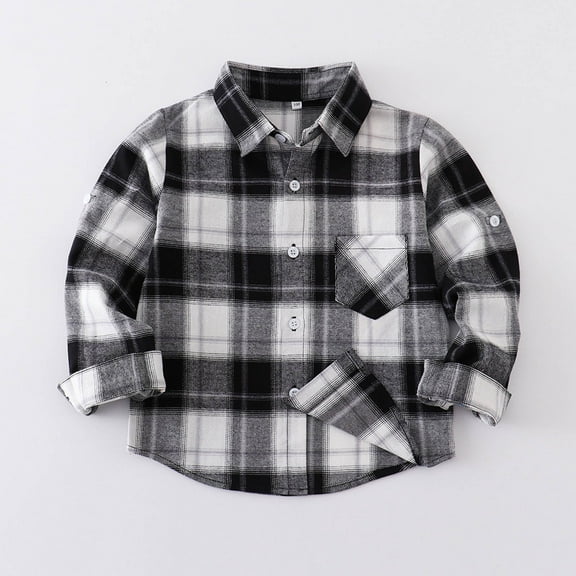 MKOSPLRT Boys Girls Long Sleeve Plaid Button Up Shirt Kids Casual Button Down Shirts Tops Lapel Collar Fall Blouses with Pockets 2-13Y