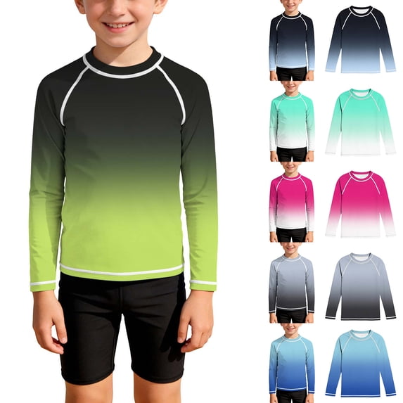 MKOSPLRT Boys Girls Long Sleeve Rash Guard Ombre Gradient Sun Protection Quick Dry Swim Shirt for Beach Ages 3-14 Years