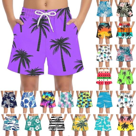 MKOSPLRT Boys Hawaiian Print Beach Board Shorts Lightweight Baggy Swim Trunks with Pockets Elastic Waist Summer Vacation Shorts 6-7Years
