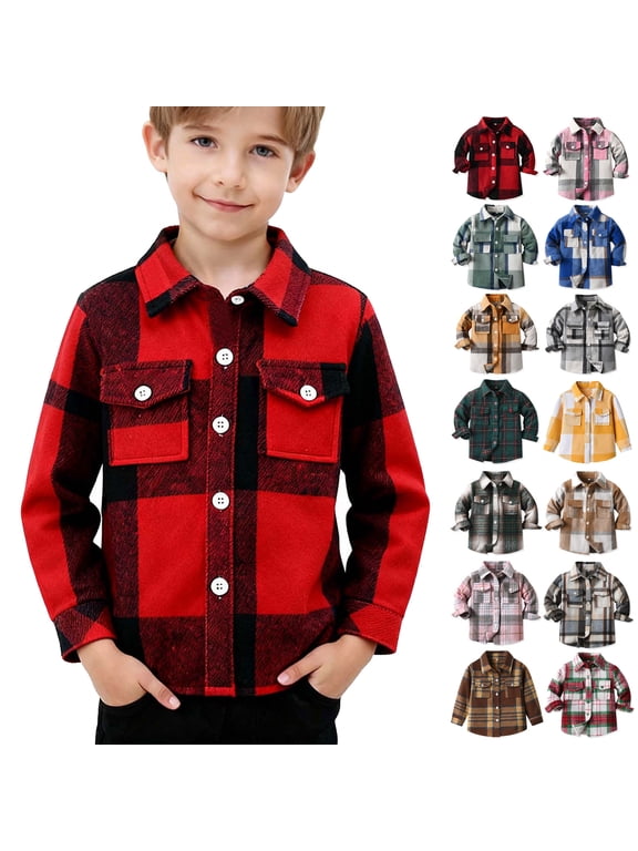 Boys Long Sleeve Flannel Plaid Shirt Button Down Thick Shirts Girls Lapel Collar Fall Shirts with Pocket Kids Clothes 12M-9Y