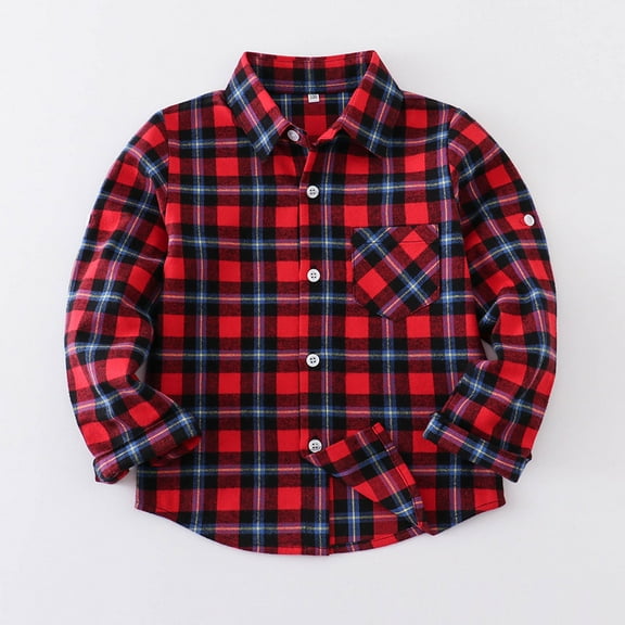 MKOSPLRT Boys' Long Sleeve Shirt Collar Button Down Plaid Dress Shirts Lapel Collar Lounge T Shirts Fall Blouses with Pocket 2-13Y