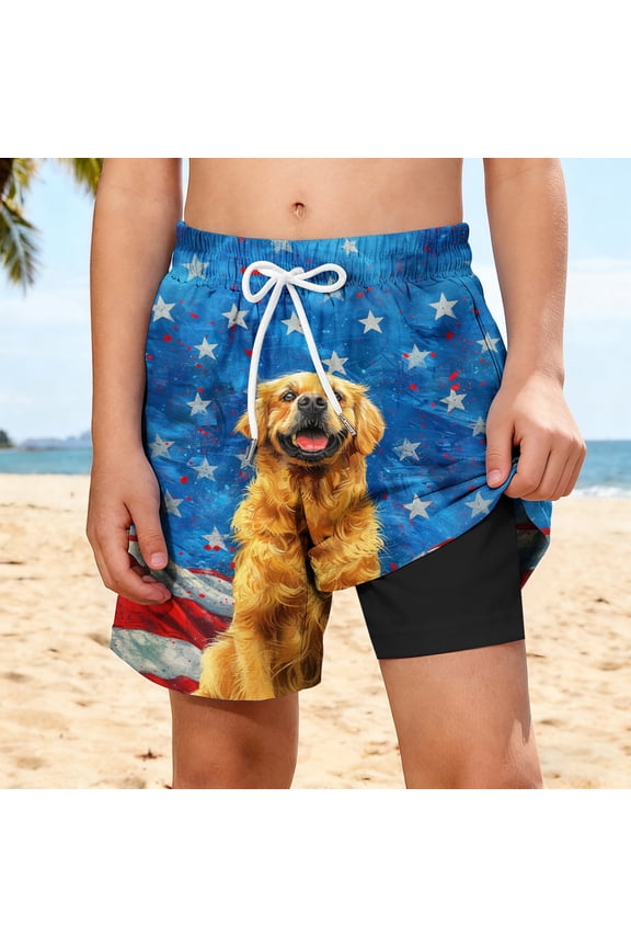 Boys Patriotic Swim Trunks with Lined Kids Summer Beach Shorts 2 in 1 Running Athletic Shorts 4th of July Bottoms with Pocket 13-14 Years