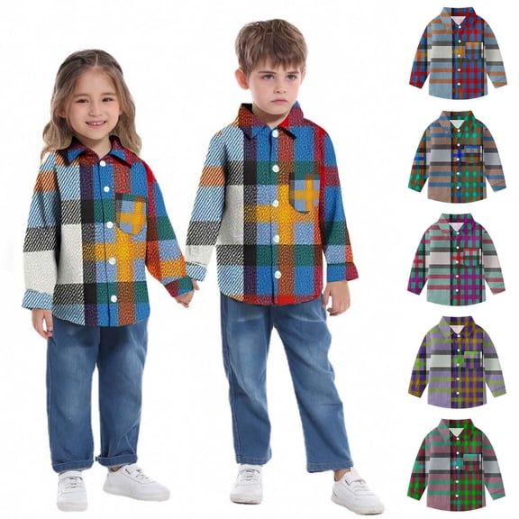 MKOSPLRT Boys Plaid Button Down Shirts Toddler Girls Long Sleeve Collared Tops Color Block Casual T Shirts Kids Spring Clothes 6M-8Y