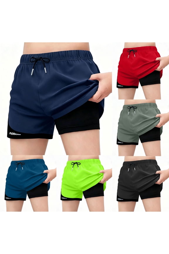 Boys Quick Dry Shorts Summer Solid Color Fake Two Layer Outdoor Athletic Casual Shorts UPF 50+ Sun Protection