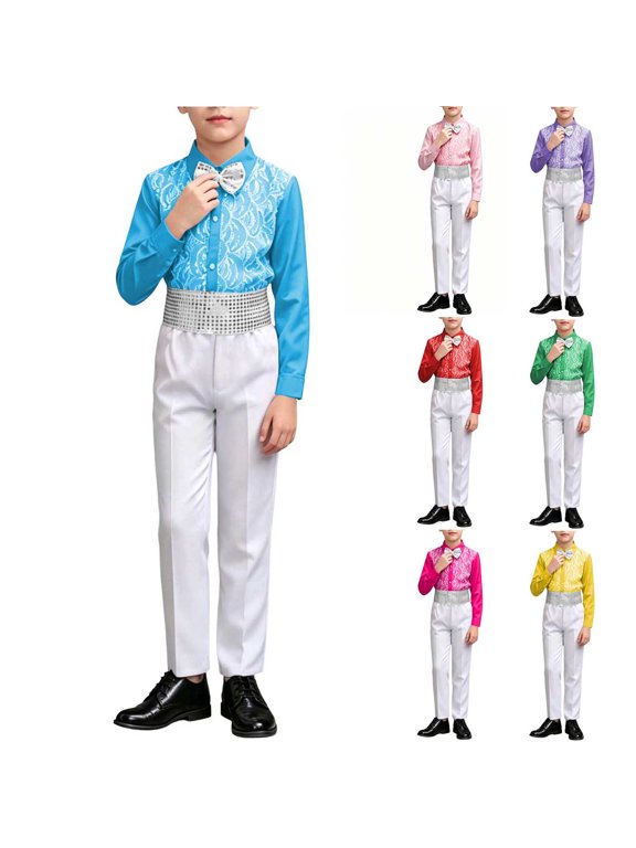 Boys Sequin Long Sleeve Shirt Bow Tie Sequin Pants Suit Set for Performance Pageant Kids Party Outfit 3-20 Years