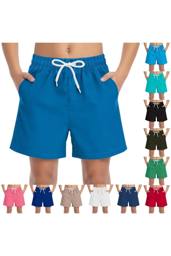 Boys Teens Swim Trunks Solid Color Summer Surfing Board Shorts Elastic Waist Lightweight Beach Shorts with Pocket 10-11Years