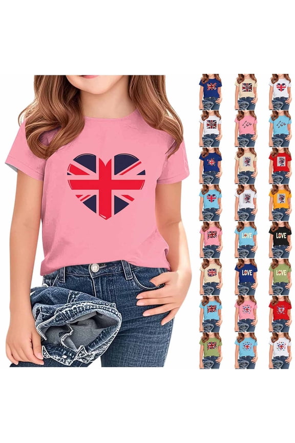 British Flag Kids Tshirt Girls' Boys' Uk Flag Print Tee Shirts Short Sleeve Crew Neck Holiday Shirts 2-13 Years
