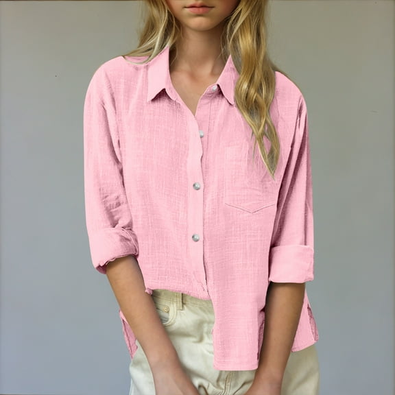 MKOSPLRT Button Down Shirts for Girl Long Sleeve Lapel Collar T Shirts Cotton Line Casual Tops Basic Solid Color Blouses with Pocket
