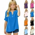 thumbnail image 1 of MKOSPLRT Button Up Henley Shirts Girls 5-15 Years Short Sleeve Linen Shirts Notch V Neck Solid Color Tshirts Summer Loose Fit Blouses, 1 of 6