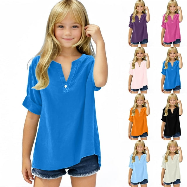 MKOSPLRT Button Up Henley Shirts Girls 5-15 Years Short Sleeve Linen Shirts Notch V Neck Solid Color Tshirts Summer Loose Fit Blouses