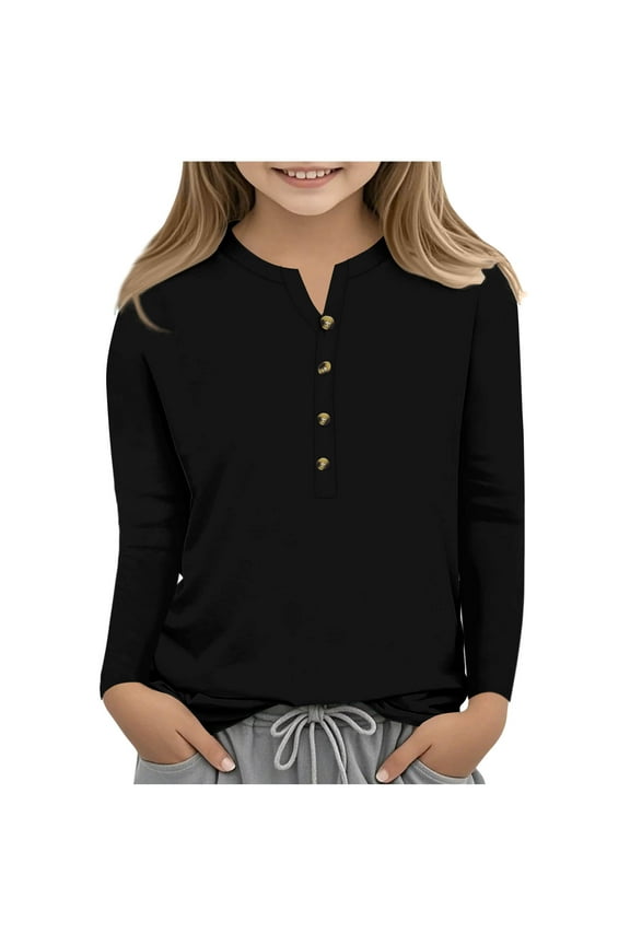 Button up Henley Shirts for Girl Long Sleeve Tunic Tops Basic Solid Color T Shirts Lightweight Tees Casual Dressy Blouses