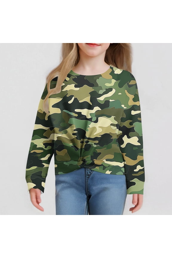 Camo Pullover Tops for Girl Long Sleeve Crop Tops Crew Neck Twist Hem Tunic Shirts Loose Fit Blouses Trendy Sweat Shirts