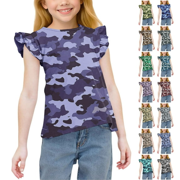 MKOSPLRT Camo Tops for Girls Fly Sleeve Cute Shirts Crwe Neck Summer Tshirts Lightweight Going Out Tees Casual Blouses 3-14Y
