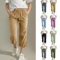 thumbnail image 1 of MKOSPLRT Capri Pants for Kids 4-13 Years Casual 2025 Summer Drawstring Elastic High Waist Linen Straight Wide Leg Trouser with Pocket, 1 of 9