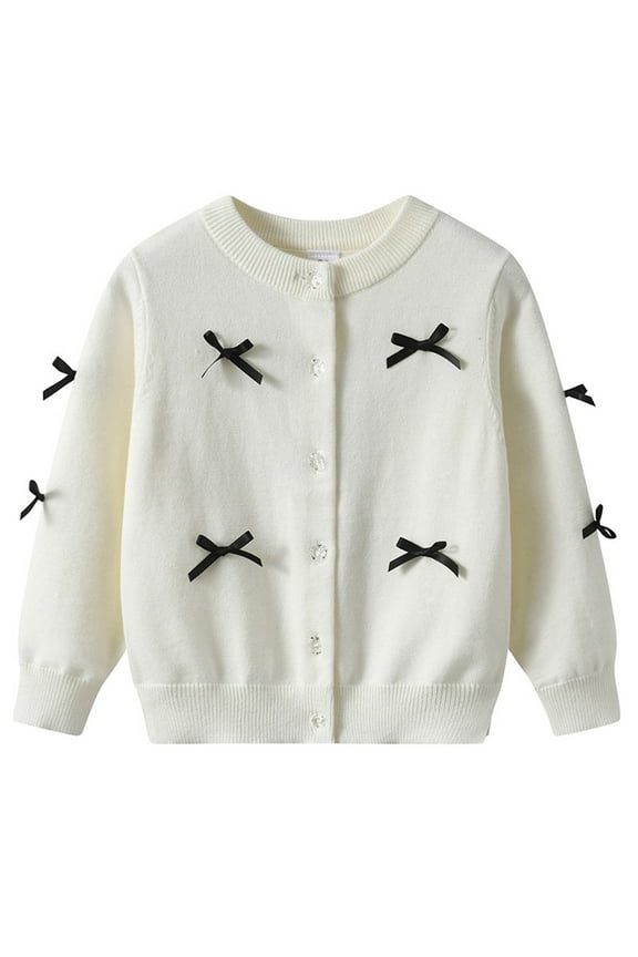 Cardigan Sweaters for Kids Girls 2-14Y Bow Crew Neck Button Up Knit Cardigans Solid Lightweight Fall Sweater Coats