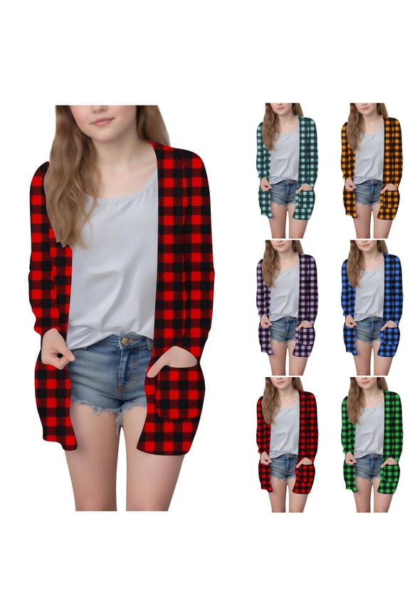 Cardigans Sweaters for Girl 5-14Y Open Front Plaid Print Long Cardigans Jacket Long Sleeve Lightweight Fall Cardigan with Pocket