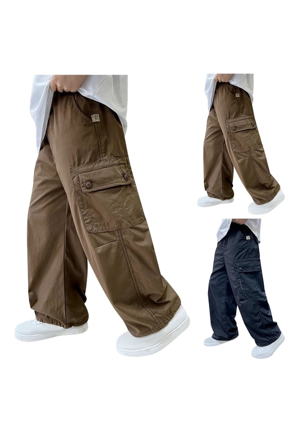 Cargo Pants for Boy Elastic Waist Ruched Knee Wide Leg Pants Solid Baggy Hiking Joggers with Pockets 5-16Y