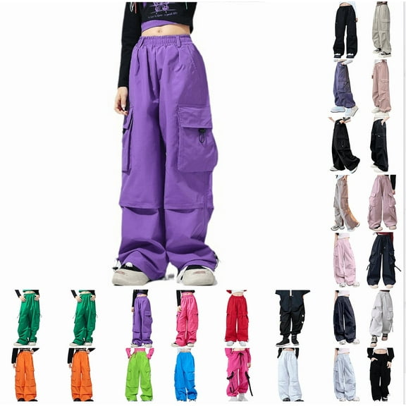 MKOSPLRT Cargo Pants for Girls Parachute Baggy Joggers Pants Kids Clothes 6-14Years Solid Oversized Trousers with Pockets Kids Clothes