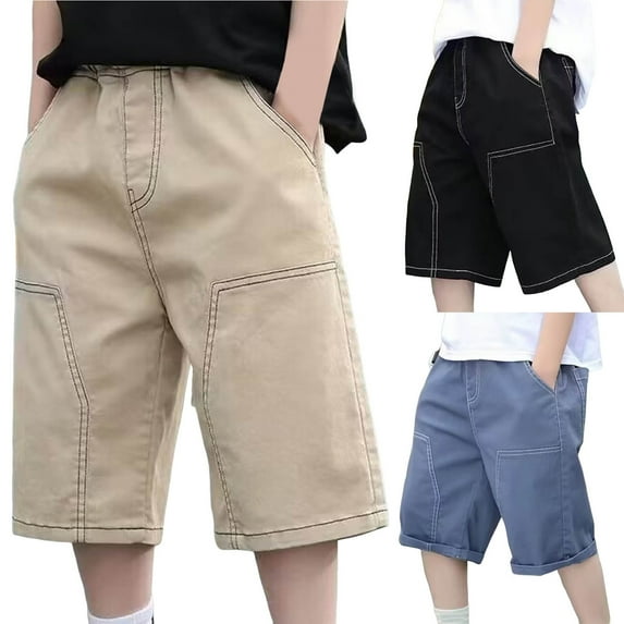 MKOSPLRT Cargo Shorts for Kids 4-15 Years Boys' Baggy Bermuda Shorts Elastic Waist Solid Retro Shorts Casual Outdoor Shorts with Pokcets