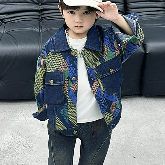 MKOSPLRT Casual Denim Jacket for Boy 1-12Y Casual Color Block Print Jean Coats Lapel Collar Button Down Fall Jacket with Pocket