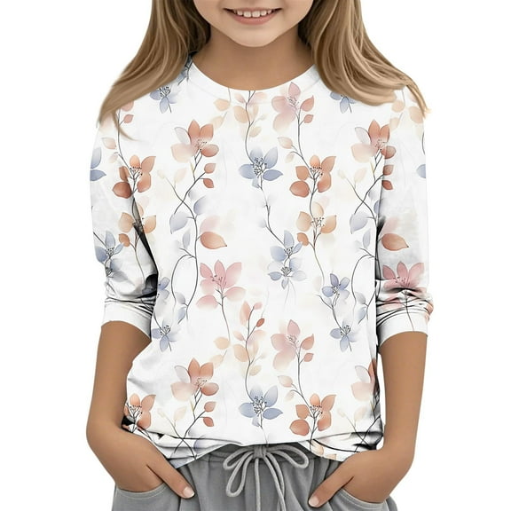MKOSPLRT Casual Dressy Shirts for Girl 3/4 Sleeve Crewneck Tunic Tops Fashion Floral Graphic Tees Summer Blouses for Kid Kids Clothes