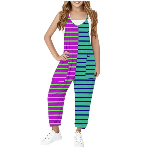 MKOSPLRT Casual Jumpsuits for Girl Sleeveless V Neck Harem Overalls Striped Color Block Spaghetti Strap Jumpsuits Baggy Jumpers with Pocket