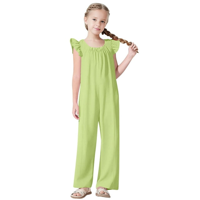 MKOSPLRT Casual Jumpsuits for Girl Toddler Children Ruffle Sleeve Crew Neck Jumpsuits Loose Fit Wide Leg Overalls Solid Jumpers Clearance