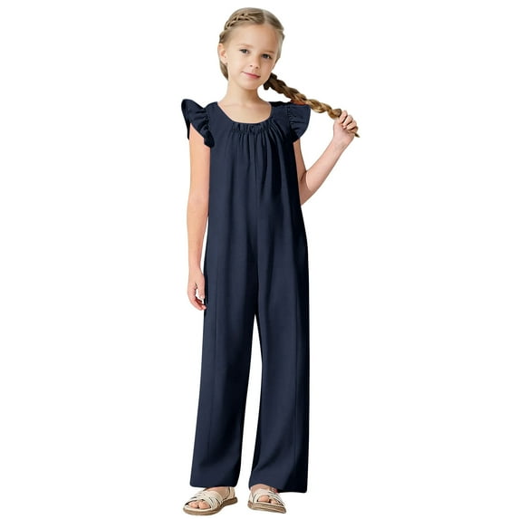 MKOSPLRT Casual Jumpsuits for Girl Toddler Children Ruffle Sleeve Crew Neck Jumpsuits Loose Fit Wide Leg Overalls Solid Jumpers Kids Clothes