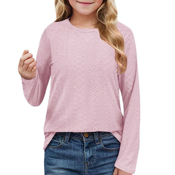 MKOSPLRT Casual Tops for Girl Long Sleeve Eyelet Embroidery Shirts Crew Neck Lounge T Shirts Basic Solid Color Blouses 4-14Years