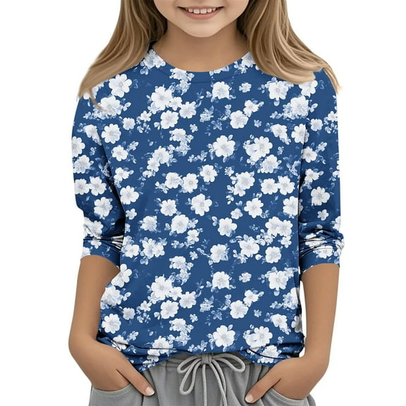 MKOSPLRT Casual Tops for Little Girl 3/4 Sleeve Crew Neck Shirts Vintage Floral Print Blouses Cute Summer Tees Comfy T Shirts for Kid