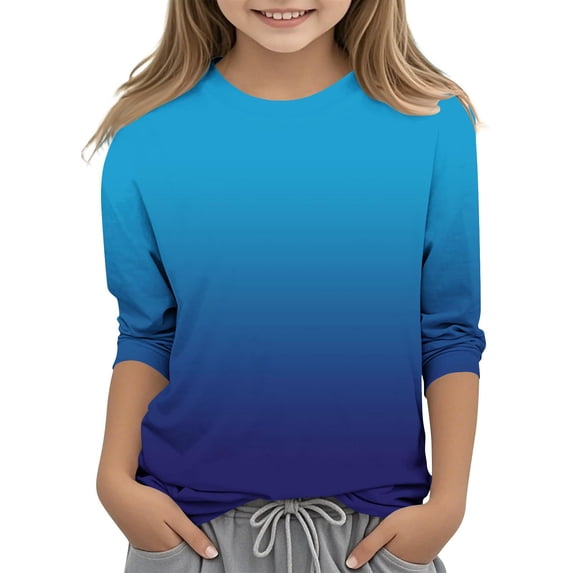 MKOSPLRT Children Girl Crew Neck T Shirts 3/4 Sleeve Casual Tops Fashion Gradient T Shirts Dressy Going Out Tees Soft Comfy Blouses