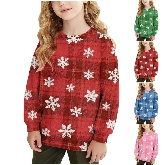 MKOSPLRT Christmas Sweatshirts for Kids Crew Neck Long Sleeve Snowflake Pullover Xmas Party Sweat Shirts for Girl Boy 1-15Y