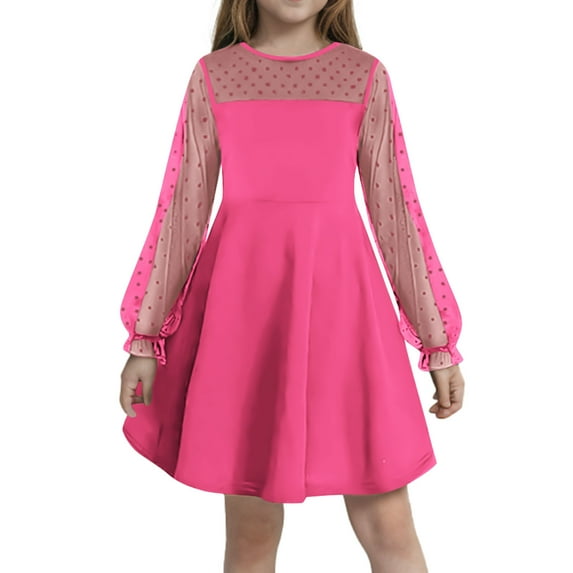 MKOSPLRT Cocktail Dresses for Girl Long Sleeve Mesh A Line Dress Crew Neck Swing Party Midi Dress Solid Casual Wedding Guest Dresses