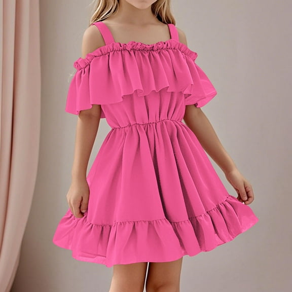 MKOSPLRT Cold Shoulder Dresses for Girl Spaghetti Strap Ruffle Tiered Mini Dresses Solid Casaul Party Wedding Dresses