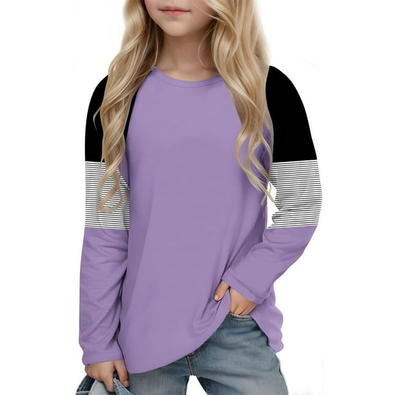 MKOSPLRT Color Block Tops for Girl Long Sleeve Striped Raglan Shirts Crew Neck Lounge T Shirts Lightweight Spring Pullover with Pocket